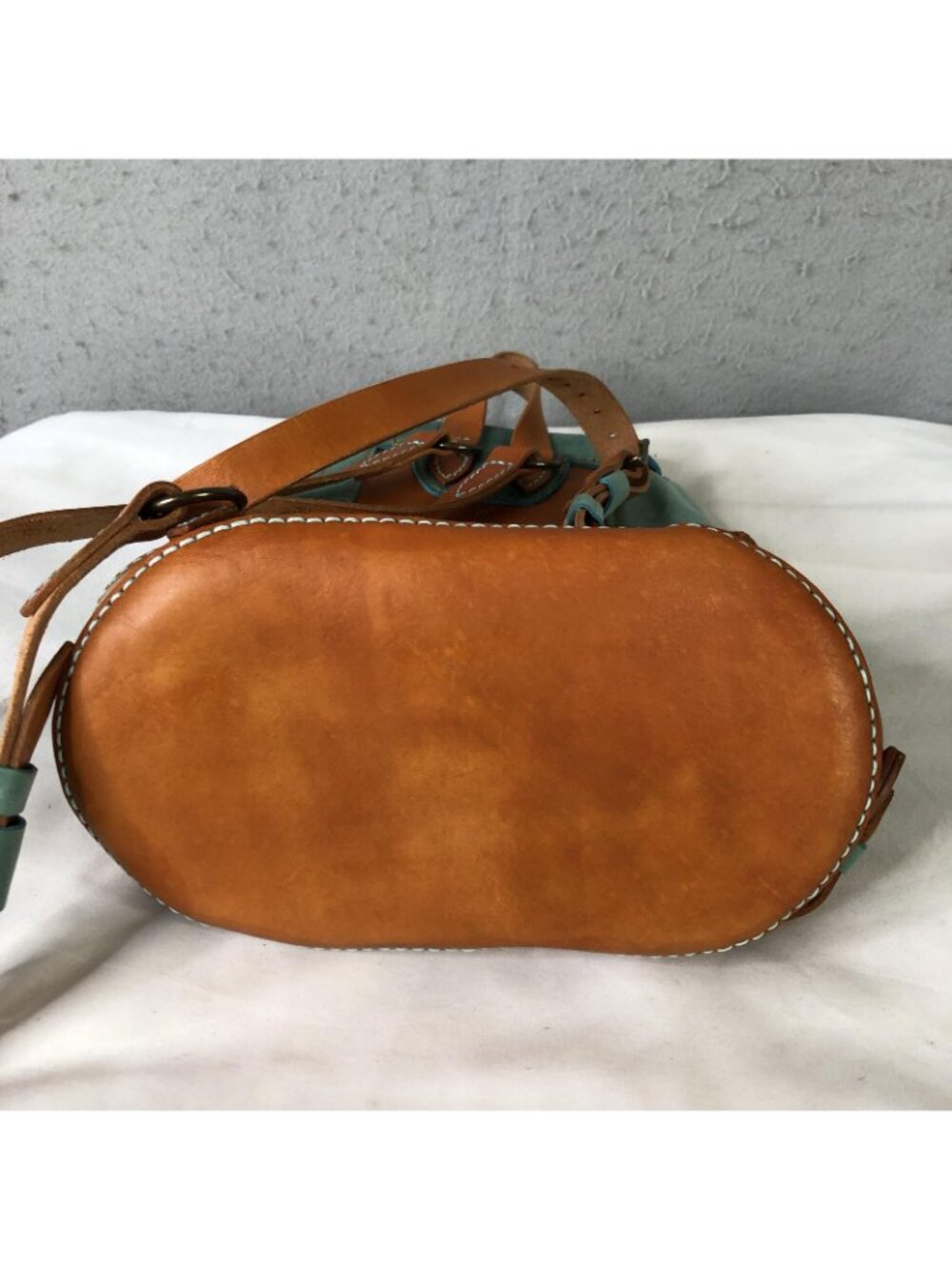 Bespoke Backpack Bag Womens Small Turquoise Brown Leather Boho Drawstring Casual - Picture 11 of 16